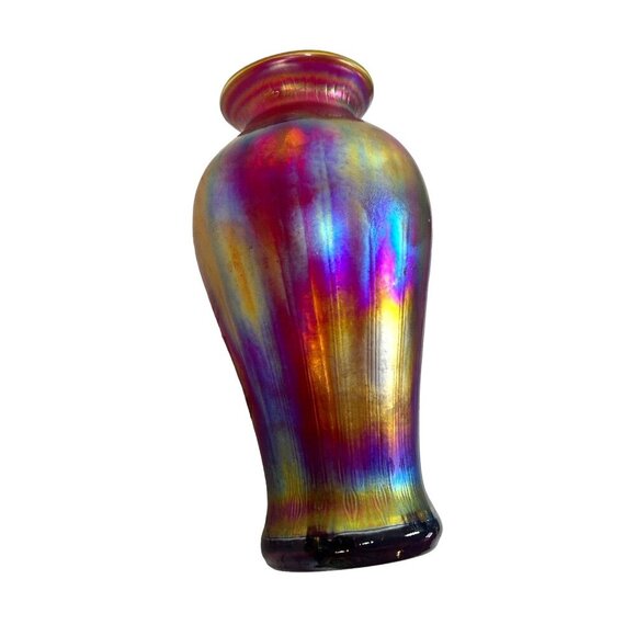 Fenton Amberina Optic Collection Ruby Blue Orange Iridescent Glass Vase signed - Picture 4 of 16